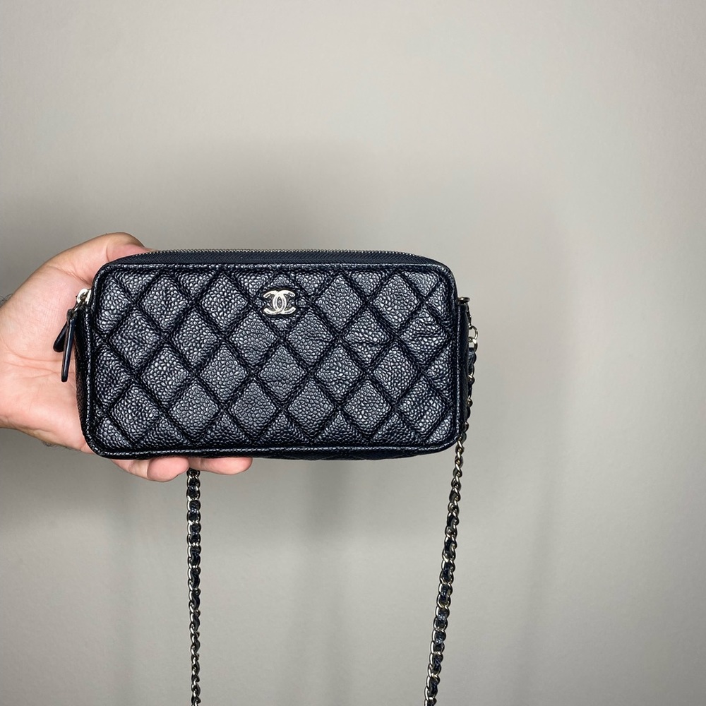 Chanel Double Zip Clutch with Chain Quilted Iridescent Caviar
